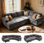 109" Sectional Sleeper 7 Sest Modular Couch Pull-Out Storage Sofa Bed | MastonHome Convertible U-Shaped Cloud Couch with Pillow Armrests, Chenille Fabric for Living Room, Apartment, Grey