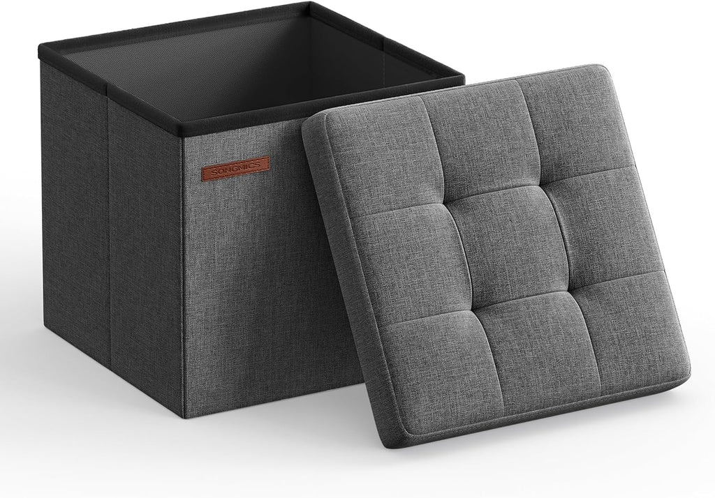 SONGMICS 11.8 Inches Small Folding Storage Ottoman Cube, Storage Footrest, Foot Rest Stool, for Living Room, Bedroom, Dorm, Dark Gray ULSF028G01