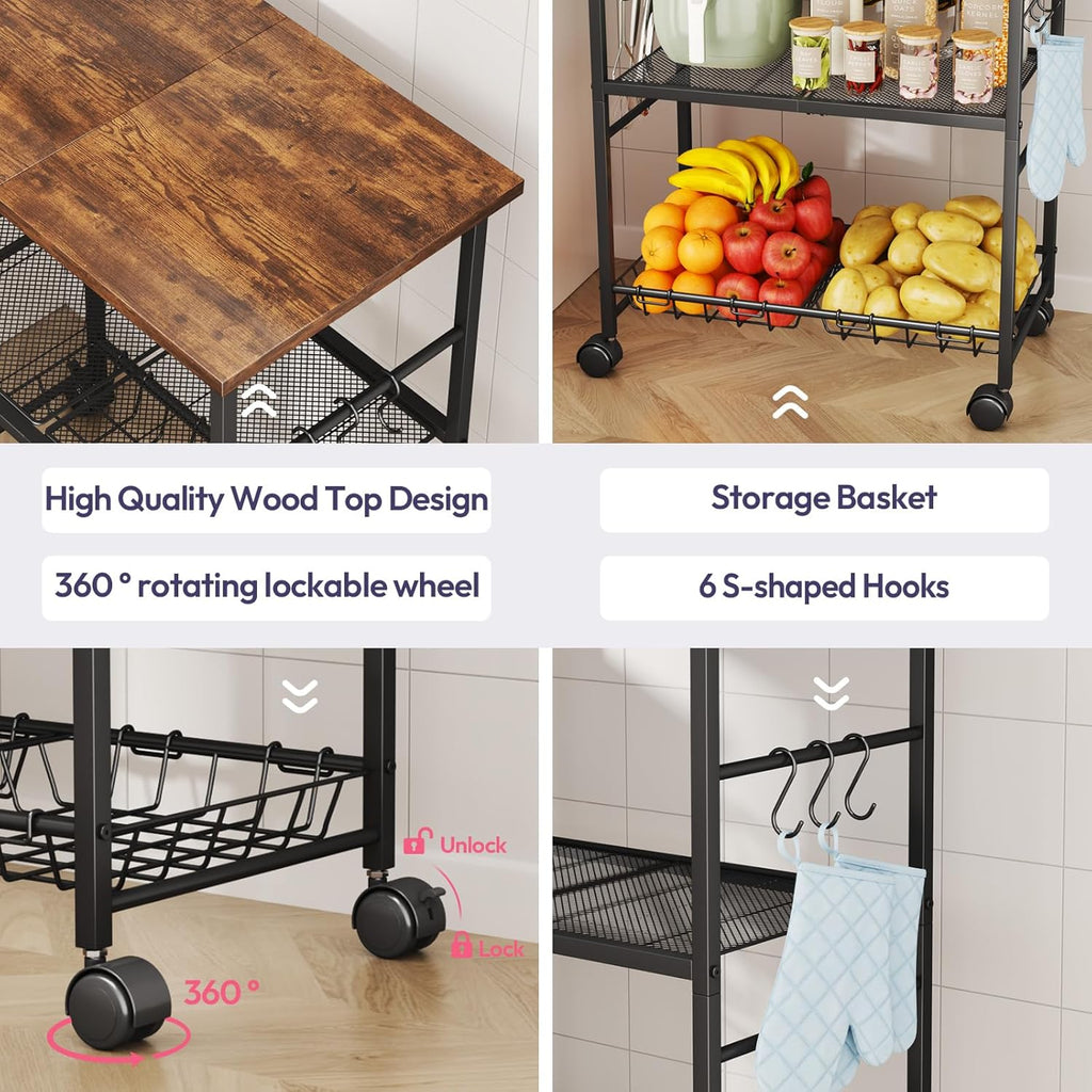 SWTYMIKI Rolling Kitchen Microwave Cart - 3 Tier Microwave Table Stand with Storage Basket and Hooks, Kitchen Utility Cart on Wheels, Coffee Cart Shelf Rack Organizer for Living Room Office, Balcony