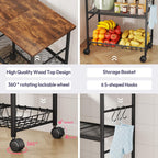 SWTYMIKI Rolling Kitchen Microwave Cart - 3 Tier Microwave Table Stand with Storage Basket and Hooks, Kitchen Utility Cart on Wheels, Coffee Cart Shelf Rack Organizer for Living Room Office, Balcony