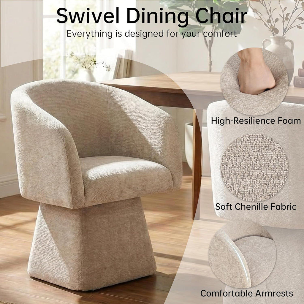 VKNOW Upholstered Swivel Dining Chairs Set of 2, Modern Dining Room Chairs with Barrel Back, Accent Arm Chair for Dining Room, Living Room, Bedroom, Vanity, Khaki