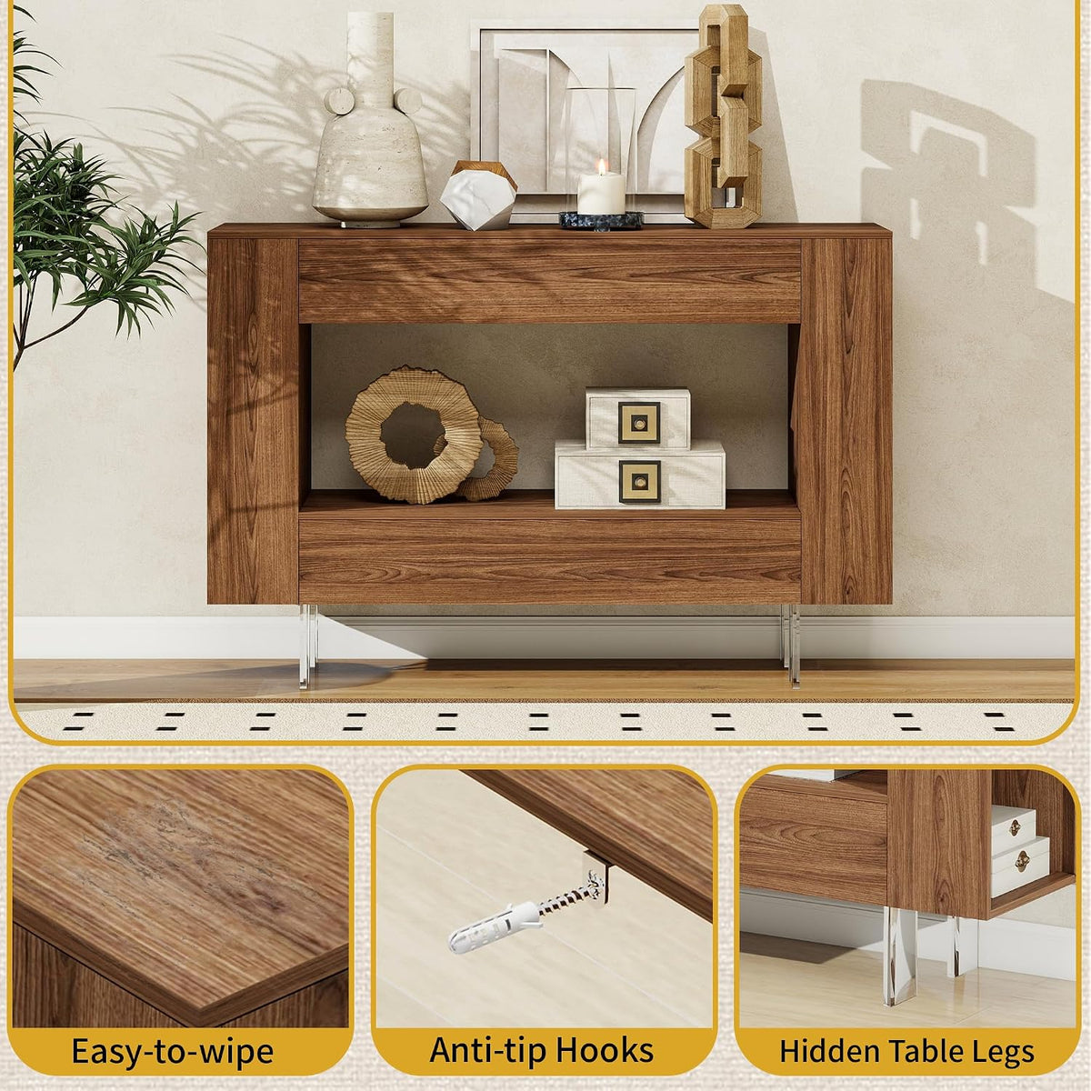 Console Table, 47" Entryway Table with Hidden Storage Cabinets, Adjustable Shelves, Farmhouse Sofa Table for Behind The Couch, Living Room, Hallway, Brown Wood Grain Finish