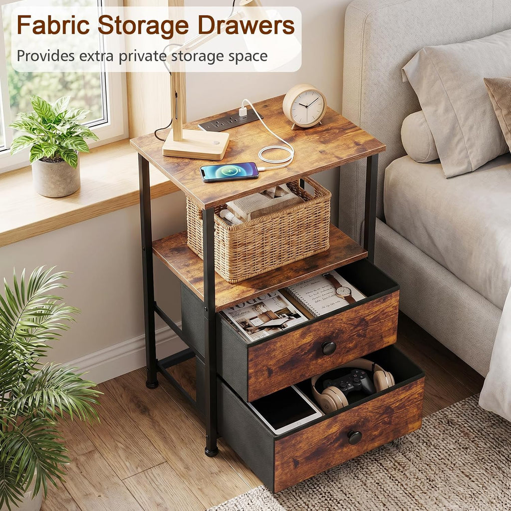 LOAKEKEL Night Stand, Nightstands Set of 2 with Charging Station | Bedside Table with 2 Fabric Drawers for Bedroom, End Tables with Storage Shelf for Small Spaces, Rustic Brown
