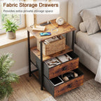 LOAKEKEL Night Stand, Nightstands Set of 2 with Charging Station | Bedside Table with 2 Fabric Drawers for Bedroom, End Tables with Storage Shelf for Small Spaces, Rustic Brown