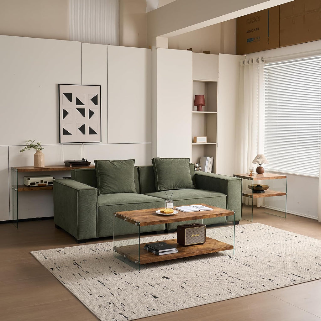 Glass Side Table Modern Design: Two-Tier Walnut MDF Frame & Tempered Glass Surface - Waterproof Durable End Table for Small Apartments & Boutique Accommodations Living Room Bedside Use