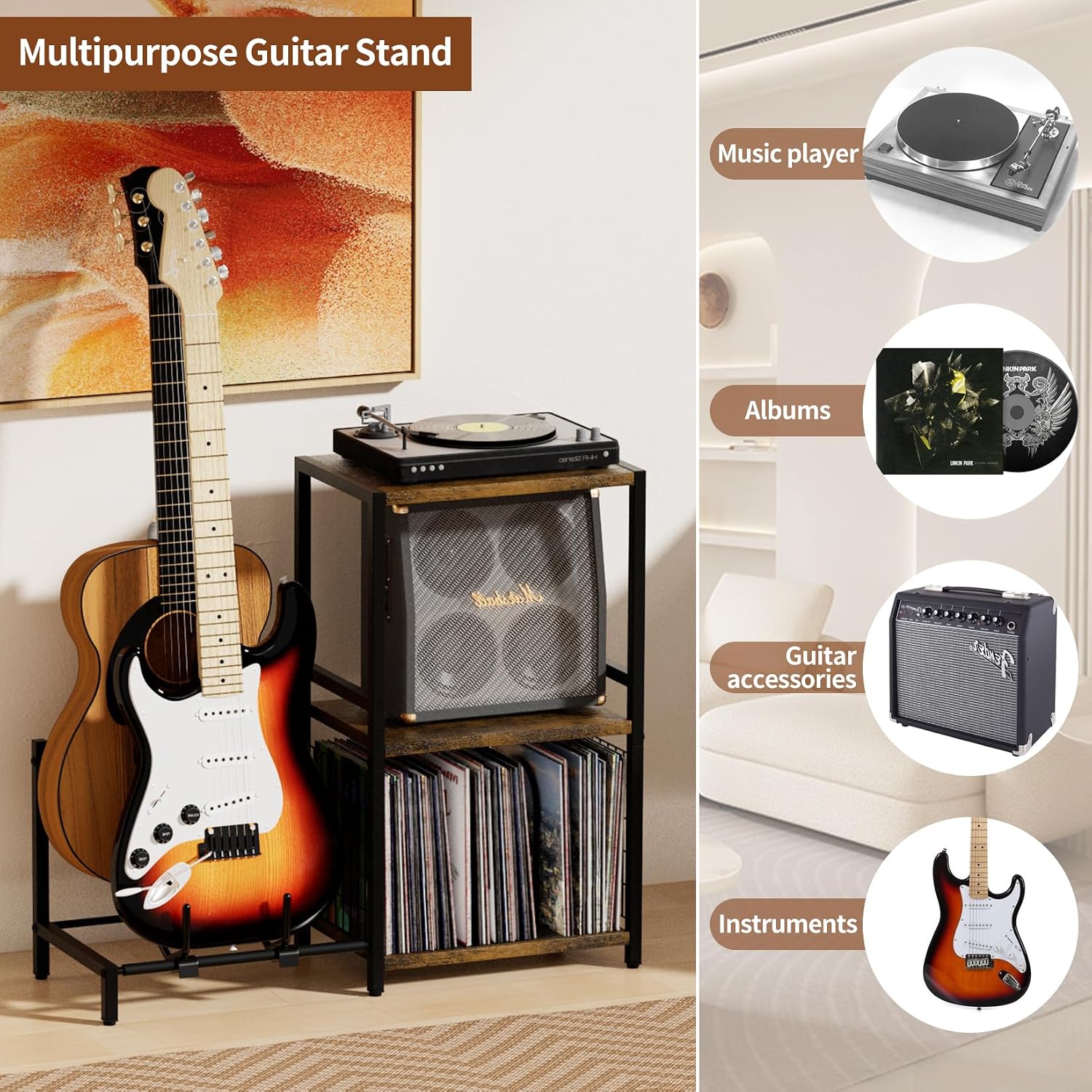 YAKANJ End Table with Guitar Stand,Record Player Stand,Vinyl Records Storage,2-Tier Guitar Stand for Acoustic,Turntable Stand for Music Studio-Brown