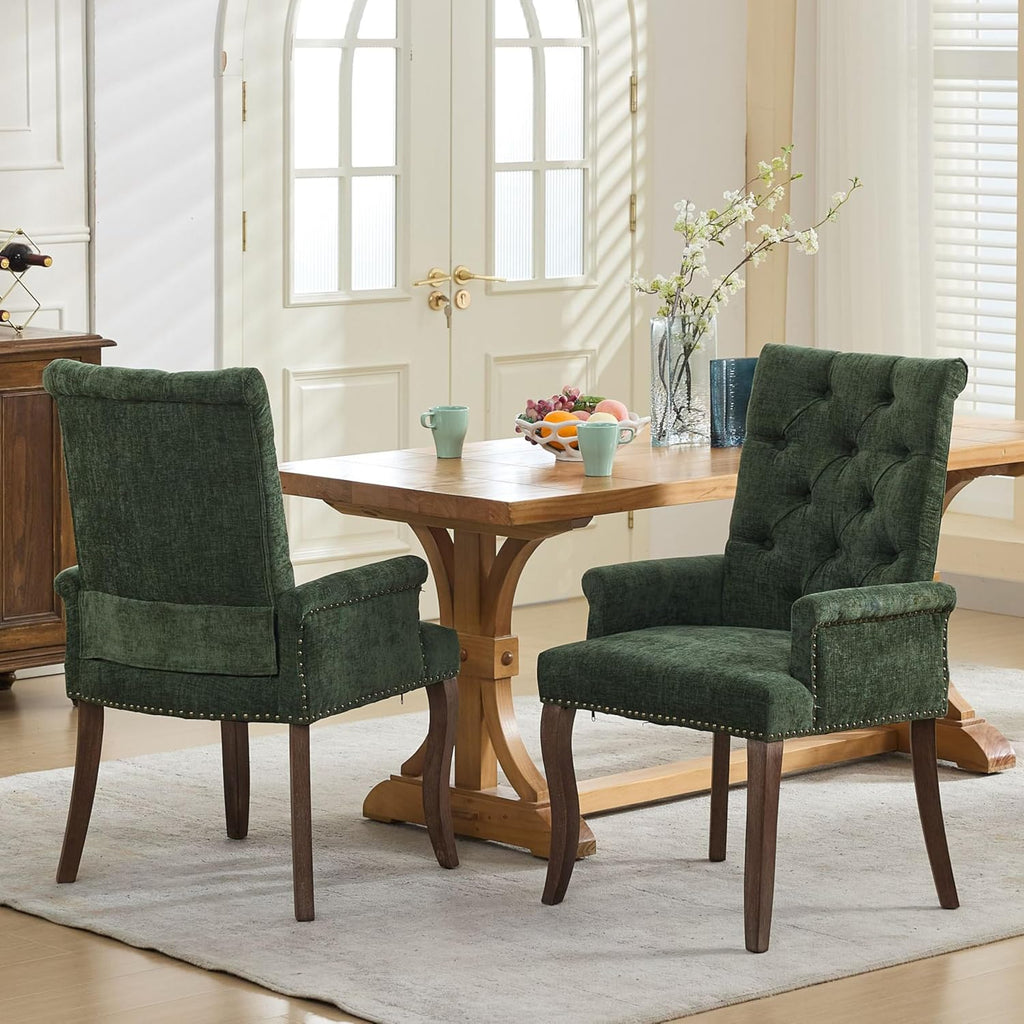 Chenille Tufted Dining Chairs with High Back,Neutral Fabric Upholstered Kitchen Chair with Rustic Solid Wood Legs,Farmhouse Side Chairs with Arms Nailhead Trim for Dining Room (Olive, 2PC)