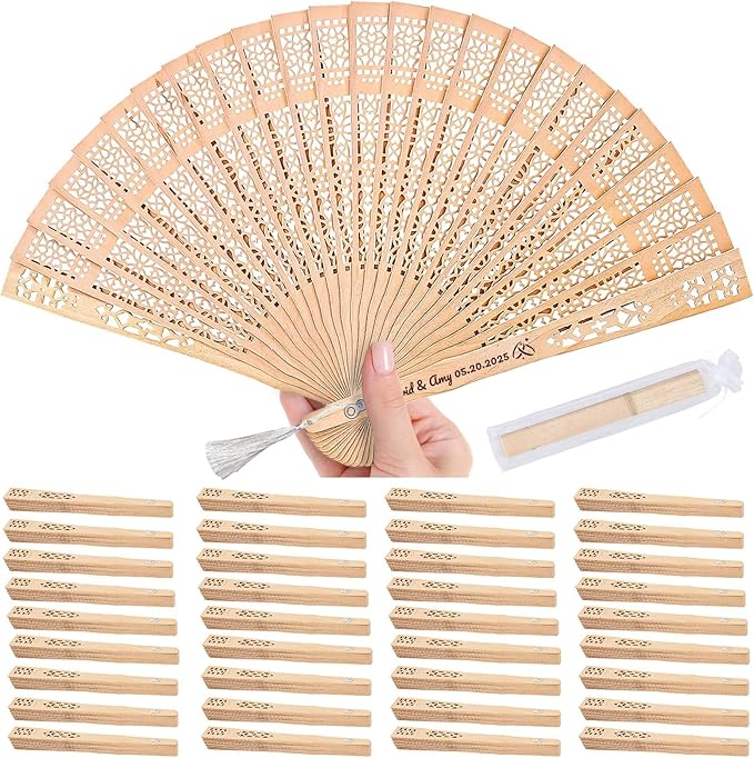 50pcs Personalized Wedding Fans for Guests - Custom Wooden Hand Fans with Names/Dates - Bulk Wedding Favors for Bridal Shower, Baby Shower & Parties (Wood, 50pcs)