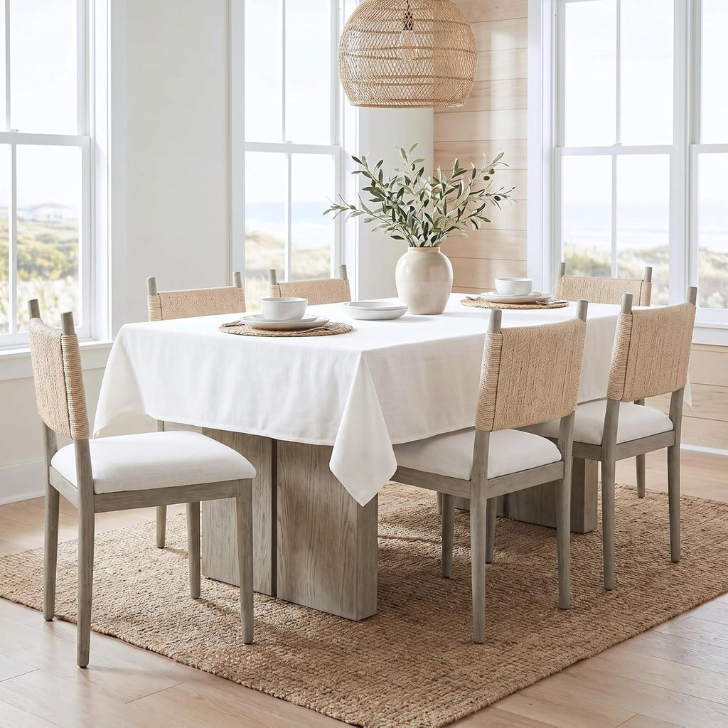 chairus Boho Coastal Dining Chairs Set of 2, Linen Upholstered Dining Room Chairs with Woven Rope Back, Modern Farmhouse Kitchen Side Chairs, Weathered Gray Wood