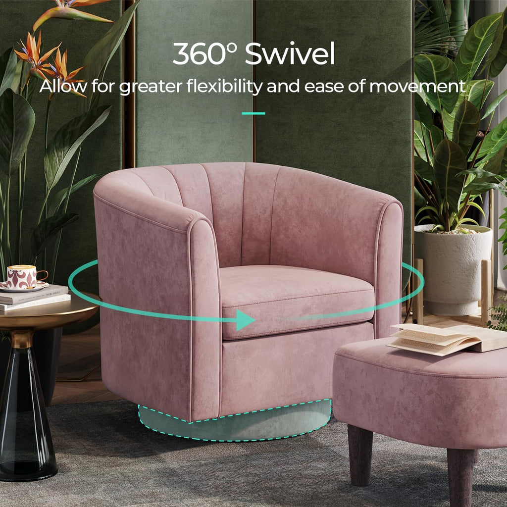 LINSY Large Swivel Accent Chair with Ottoman, Velvet Barrel Chair with Footrest, Modern Upholstered Comfy Reading Chair Armchair for Living Room, Bedroom, Study Room, Office, Pink