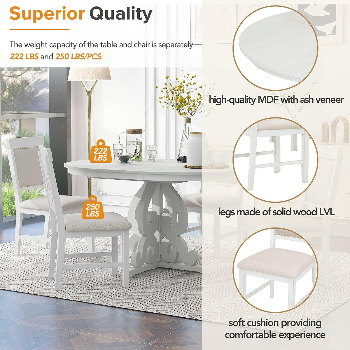 Extendable Dining Table Set for 4-6, Farmhouse Kitchen Table Set with Extendable Round Dining Table & 4 Upholstered Chairs, Solid Wood Table and Chairs Set for Kitchen, Dining Room, Antique White