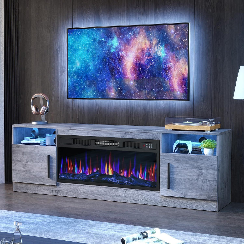 PRETZI Fireplace TV Stand with 36" Fireplace Up to 80" TVs for Living Room | 70" Modern Wood Texture Entertainment Center with Adjustable LED Lights, TV Media Console with Highlight Storage Cabinet,Gray
