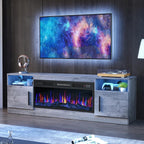PRETZI Fireplace TV Stand with 36" Fireplace Up to 80" TVs for Living Room | 70" Modern Wood Texture Entertainment Center with Adjustable LED Lights, TV Media Console with Highlight Storage Cabinet,Gray