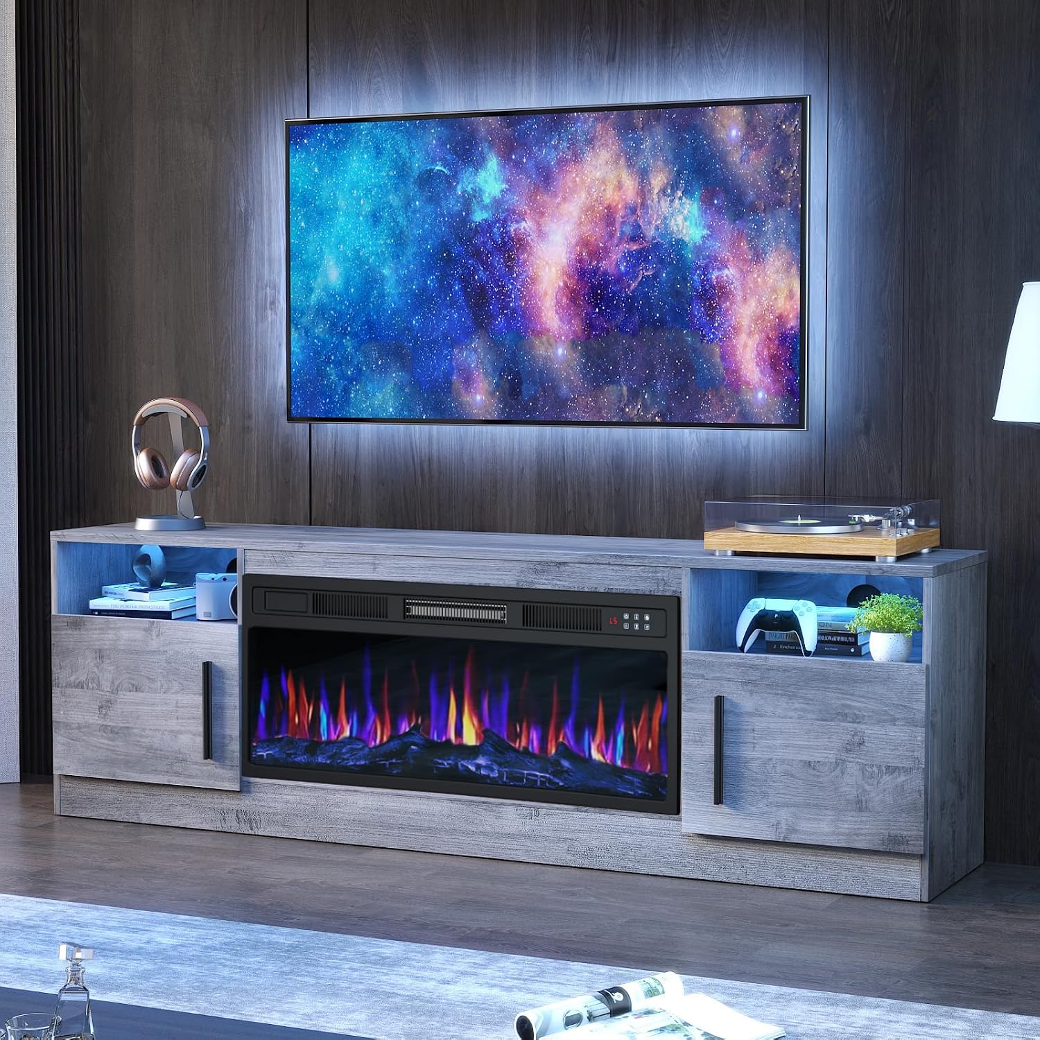 PRETZI Fireplace TV Stand with 36" Fireplace Up to 80" TVs for Living Room | 70" Modern Wood Texture Entertainment Center with Adjustable LED Lights, TV Media Console with Highlight Storage Cabinet,Gray