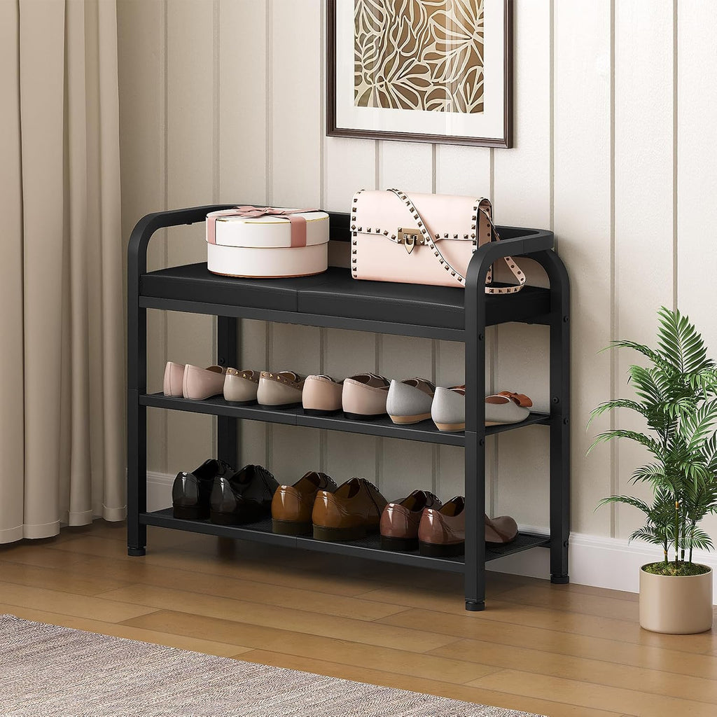 YATINEY Shoe Bench with Backrest, Entryway Bench, 2-Tier Shoe Rack with PU Padded Seat, Upholstered Shoe Storage Bench with Back, for Hallway, Entryway, Foyer, Bedroom, Black HX04BB