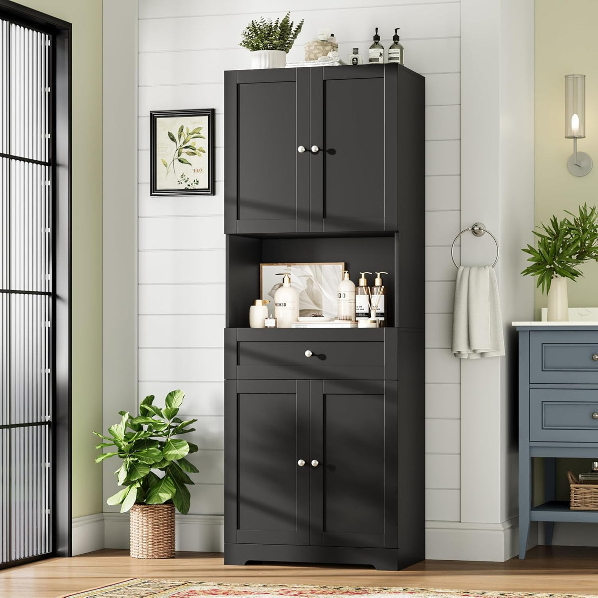 HIFIT 2 Pcs Tall Kitchen Pantry Cabinet, Large Kitchen Hutch Storage Cabinet with Doors & Wide Shelves, 67" Tall Modern Coffee Bar Cabinets with Drawers Cupboard Set for Home Dining Living Room, Black