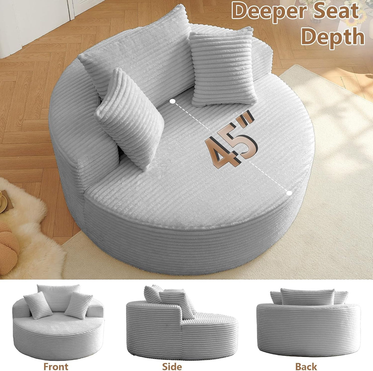 Oversized Round Chair Lounge Chaise Indoor, Upholstered Corduroy Deep Seat Cloud Large Circle Sofa Chair, No Assembly Required, Fluffy Modern Sleeper Sofa Bed for Reading, Living Room, Light gray
