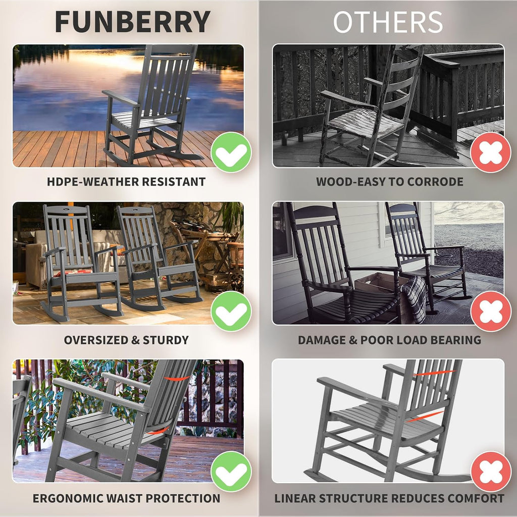 FUNBERRY Oversized Outdoor Rocking Chair, Poly Lumber Rocker, Patio Rockers | HDPE All Weather, High Back, No Rot or Rust or Crack, UV Fade Shield, Easy-Clean for Patio Garden Outside
