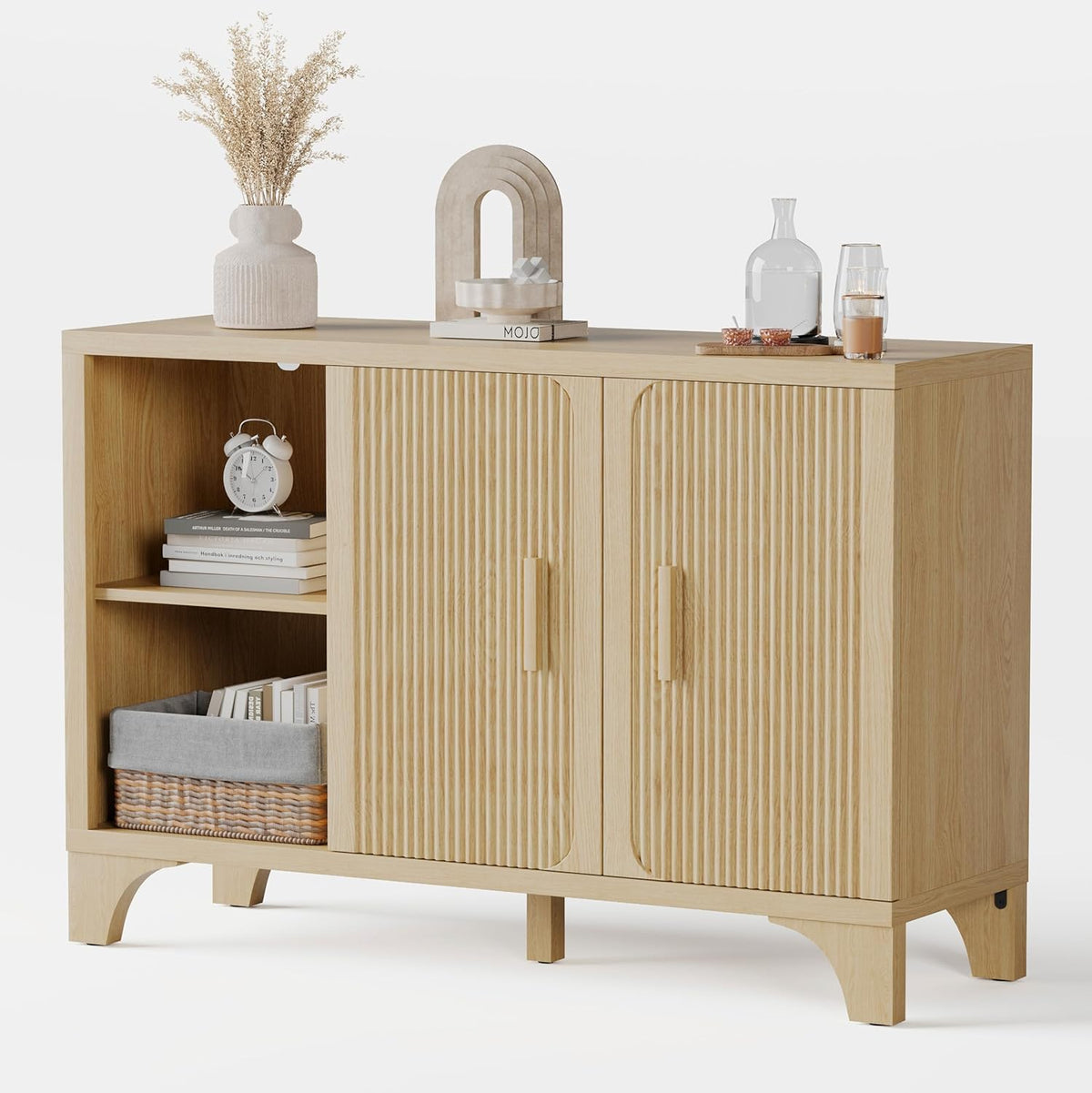Mid Century Modern Fluted Buffet Cabinet with Storage, Accent Sideboard and Credenza Storage Cabinet with Doors, Wood Coffee Bar Console for Kitchen, Living Room (Oak, 47" 2-Door)