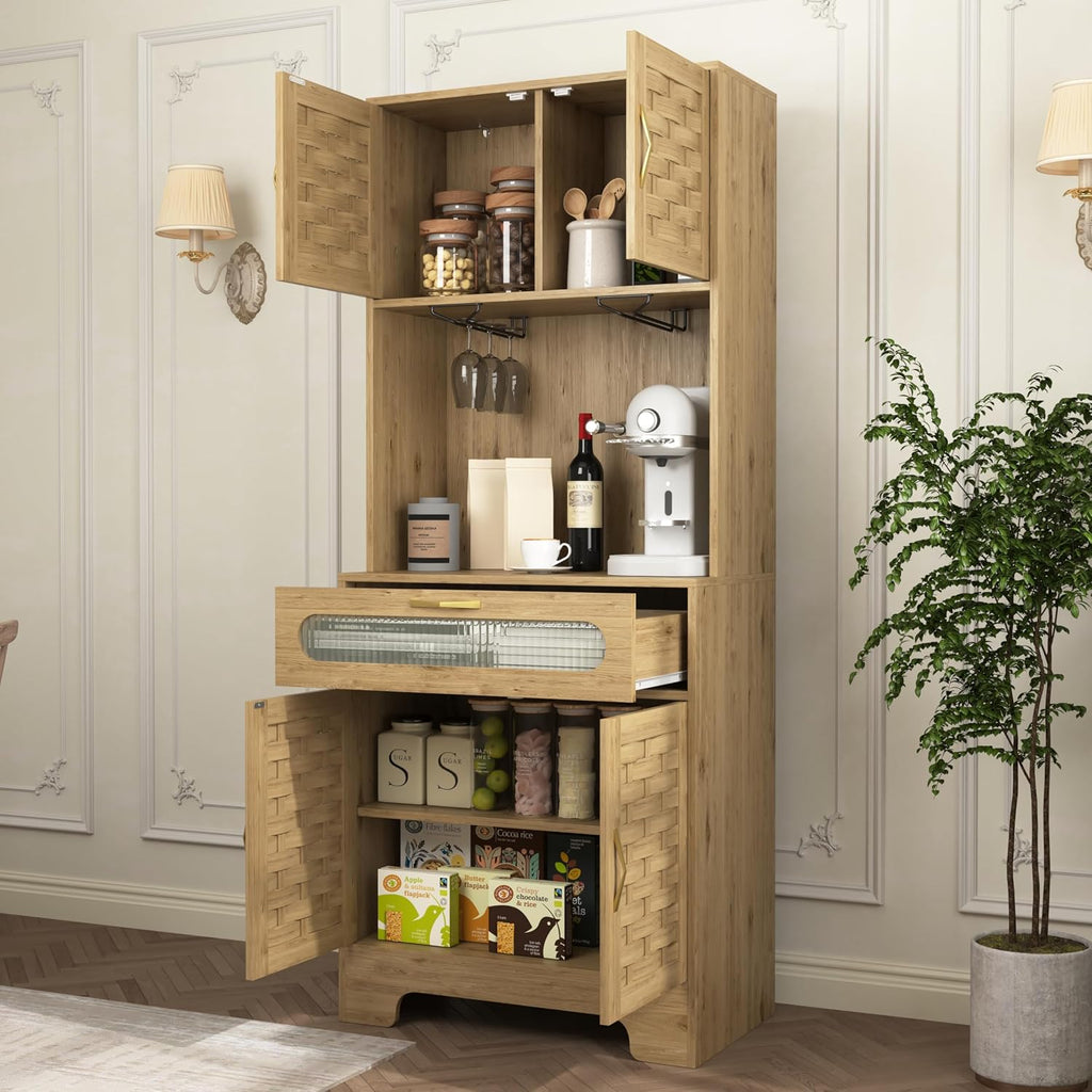 Kitchen Pantry Cabinet, Handmade Woven Wood Rustic Buffet Hutch Cabinet with Storage Drawer & Adjustable Shelf, Farmhouse Tall Cupboard Microwave Stand Coffee Bar for Kitchen, Dining Room, Living Room