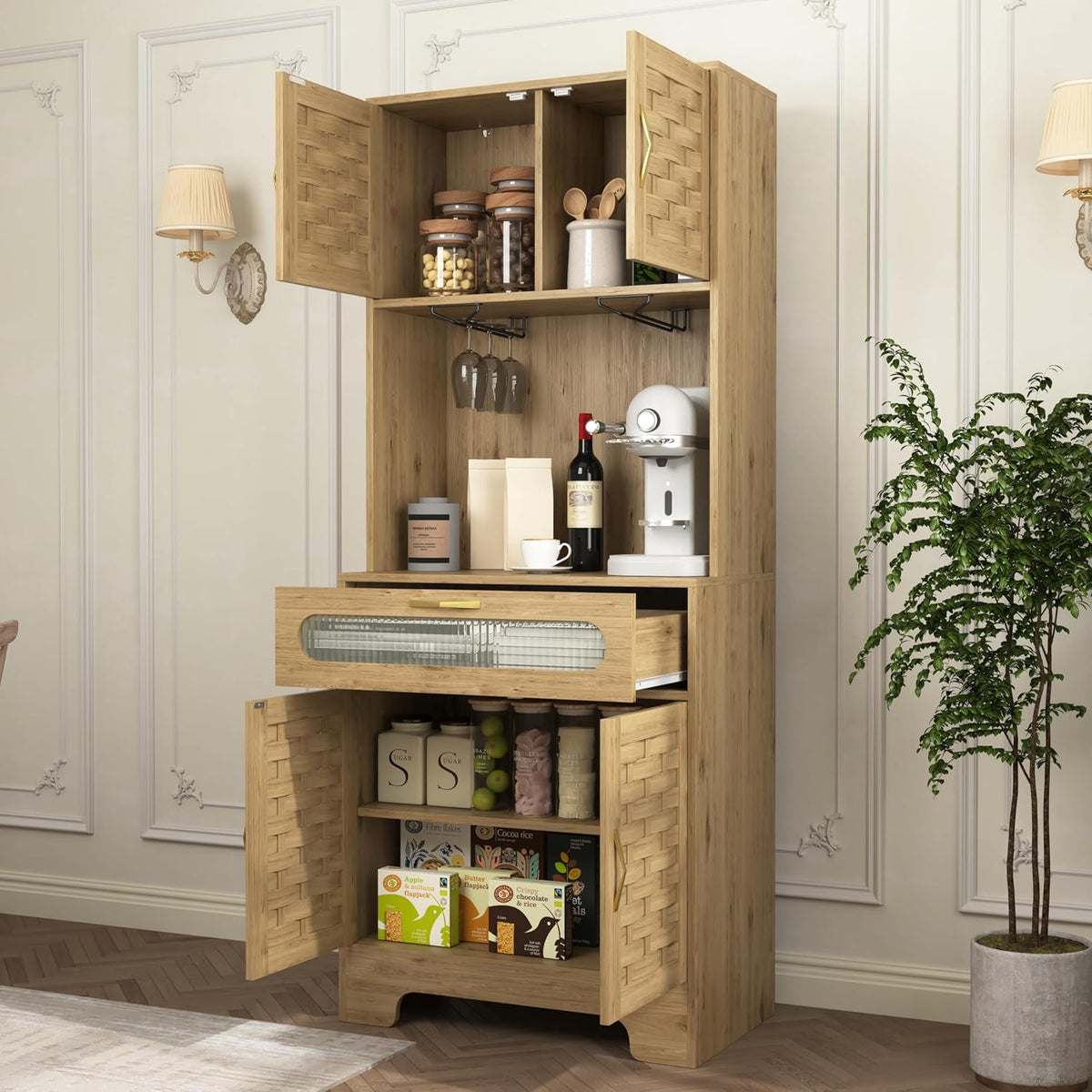 Kitchen Pantry Cabinet, Handmade Woven Wood Rustic Buffet Hutch Cabinet with Storage Drawer & Adjustable Shelf, Farmhouse Tall Cupboard Microwave Stand Coffee Bar for Kitchen, Dining Room, Living Room