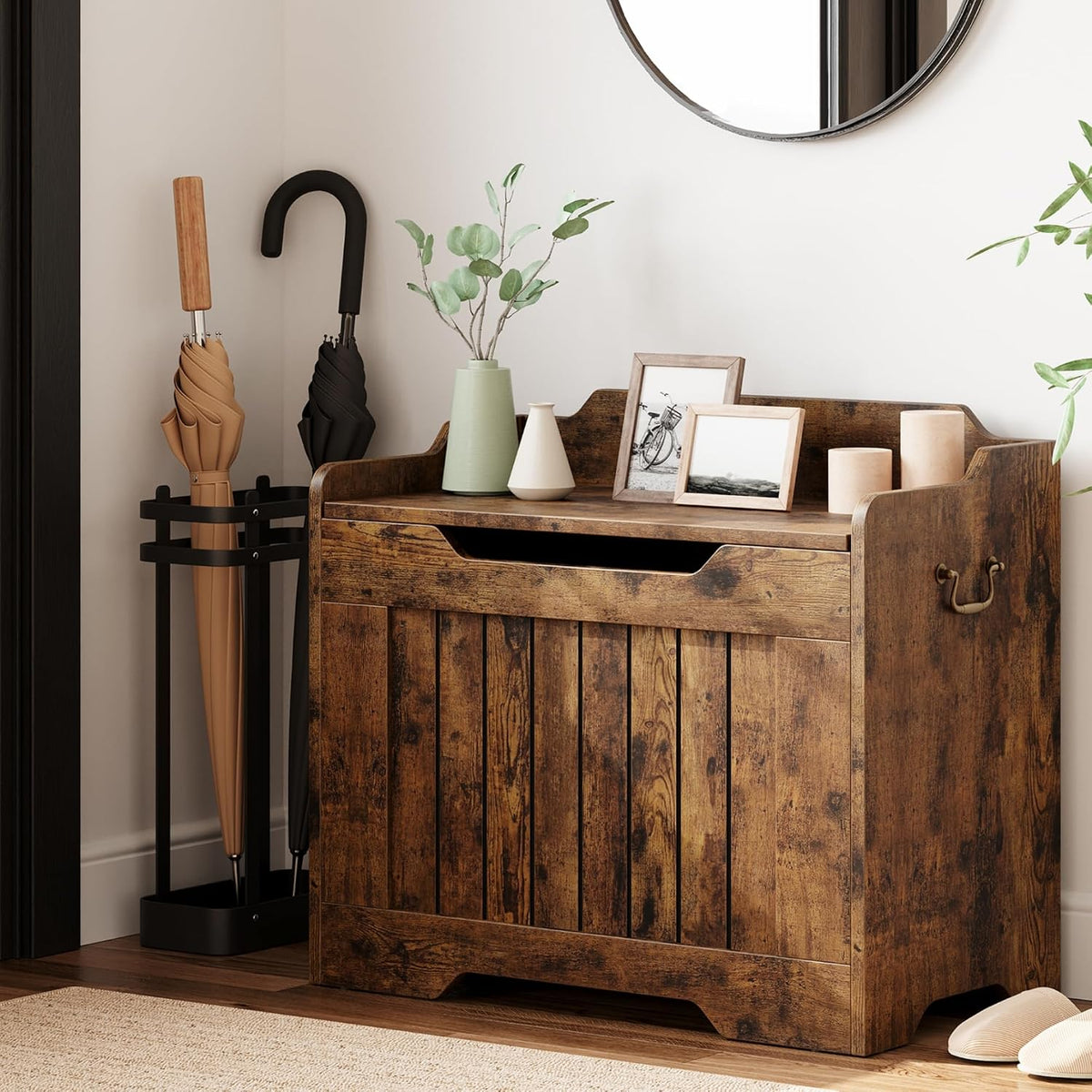 Garvee Storage Chest, Wooden Storage Bench with Safety Hinge, Flip Top Blanket Chest Trunks, Supports 350 Lb, for Entryway, Living Room, Bedroom (Rustic Brown, 24.8" L x 14" W x 22" H)