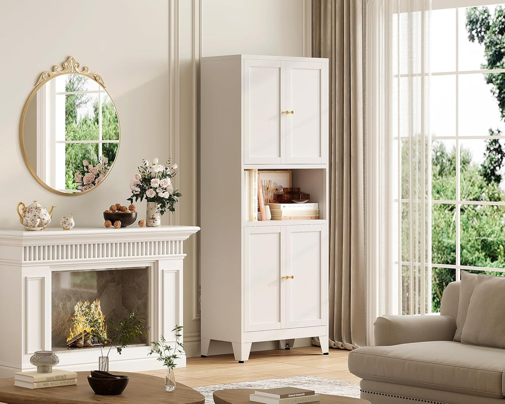 69"H Kitchen Pantry Cabinet with Countertop and Microwave Shelf,Metal Microwave Stand Cabinet with Storage，White Farmhouse Food Storage cabinet,Tall Freestanding Pantry Cabinets for Dining Room