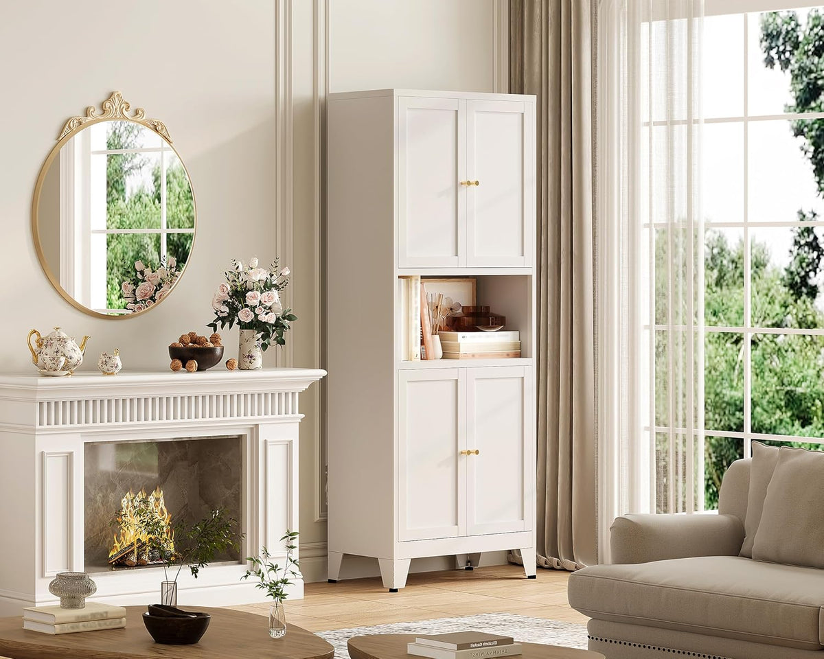 69"H Kitchen Pantry Cabinet with Countertop and Microwave Shelf,Metal Microwave Stand Cabinet with Storage，White Farmhouse Food Storage cabinet,Tall Freestanding Pantry Cabinets for Dining Room