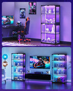 AODK Display Case with RGB Lights, 4-Tier Display Cabinet with Glass Doors and Storage Shelves, Glass Display Cabinet Shelf for Collectibles, Black Curio Cabinet for Game Room