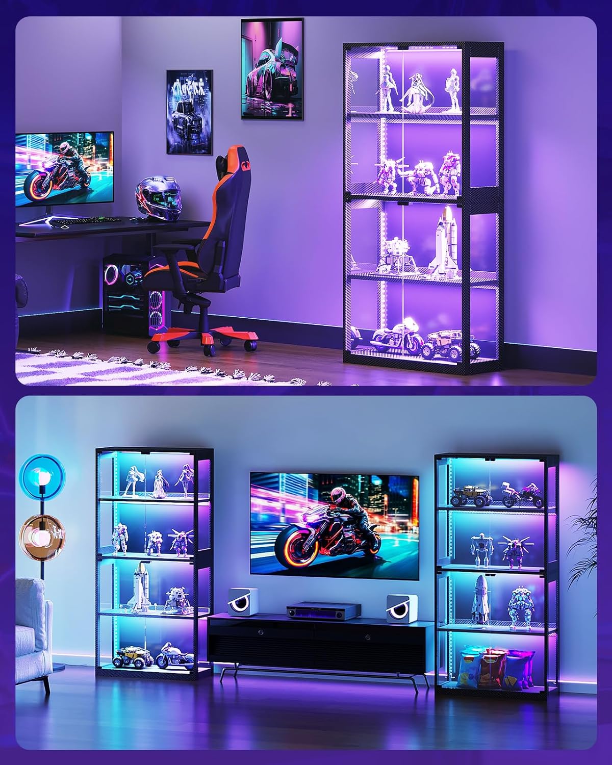 AODK Display Case with RGB Lights, 4-Tier Display Cabinet with Glass Doors and Storage Shelves, Glass Display Cabinet Shelf for Collectibles, Black Curio Cabinet for Game Room