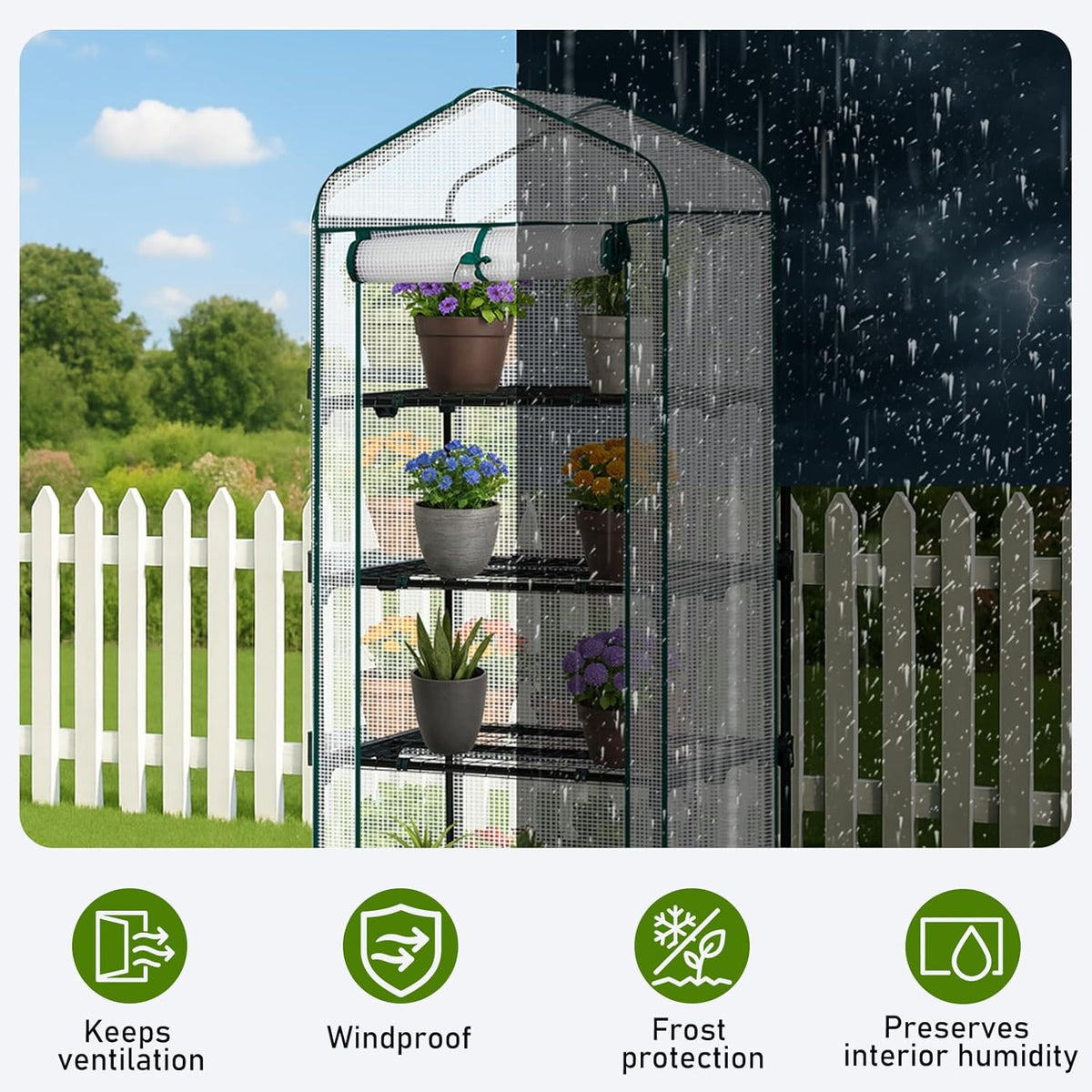Outvita Mini Greenhouse, Small PE Plant Green House with 4 Tiers Rack, Shelf Clips, Roll-up Zipper Door, Gardening Supplies for Indoor Outdoor Seedling Frost Protection , 27"x19.6"x63" White