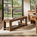 Solid Wood Entryway Bench with Storage Shelf, 55.12-Inch 2-Tier Wood Shoe Bench Seating for Entrance, Hallway, Dining Room, Living Room, Mudroom, Bedroom, Rustic Brown