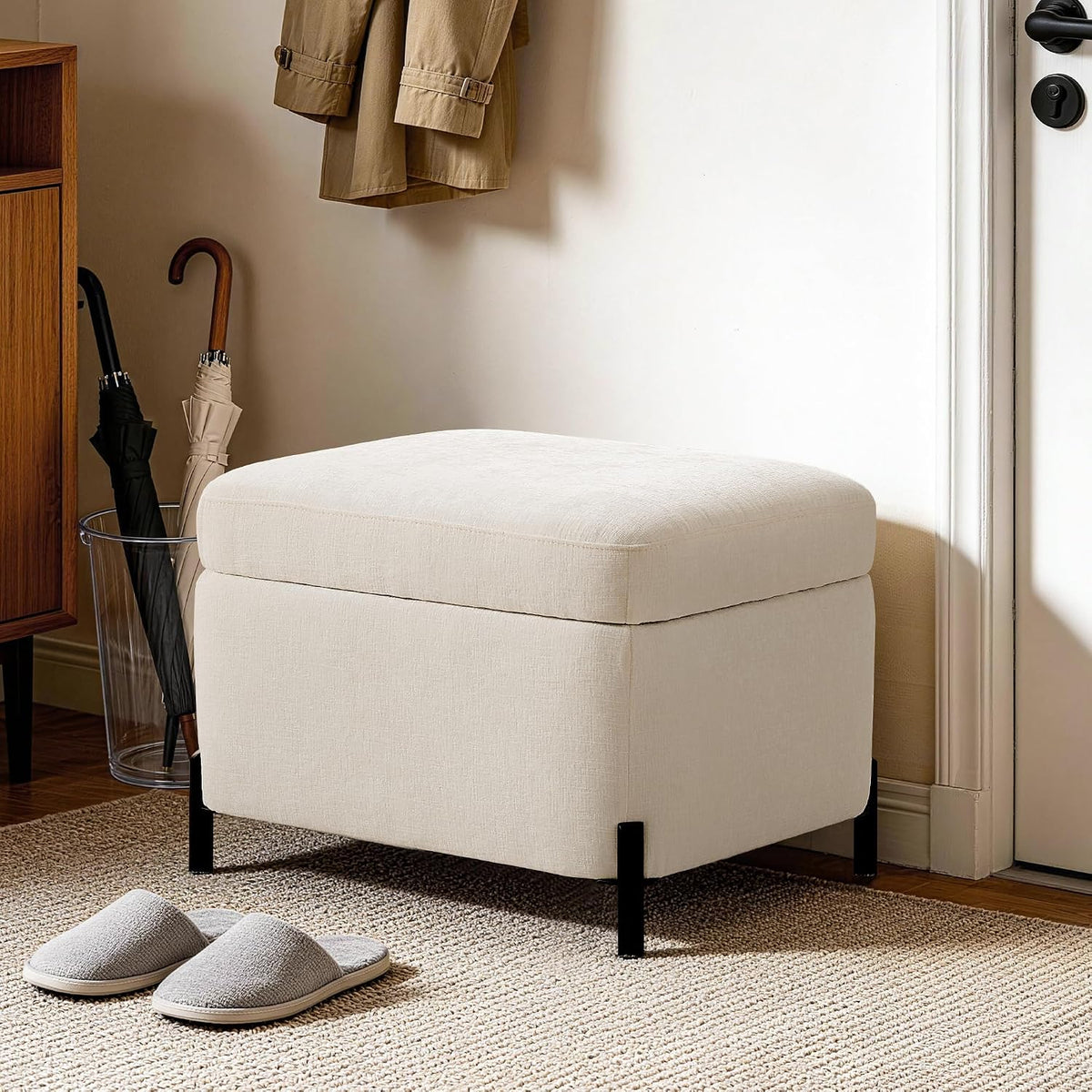 Zihanhome Chenille Storage Ottoman with Lift-Top Lid, Upholstered Ottoman Bench & Foot Rest, Hidden Storage Footstool with Matte Black Metal Legs for Living Room, Bedroom, Entryway (White)