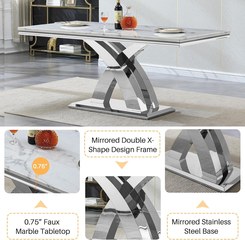 7 Piece Dining Table Set with Chairs, Faux Marble Dining Table and Black Chair Set for 6, White Silver Dining Room Table Set with X-Shape Stainless Steel Base, Morden Kitchen Table and Chairs for 6