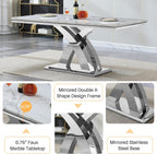 7 Piece Dining Table Set with Chairs, Faux Marble Dining Table and Black Chair Set for 6, White Silver Dining Room Table Set with X-Shape Stainless Steel Base, Morden Kitchen Table and Chairs for 6