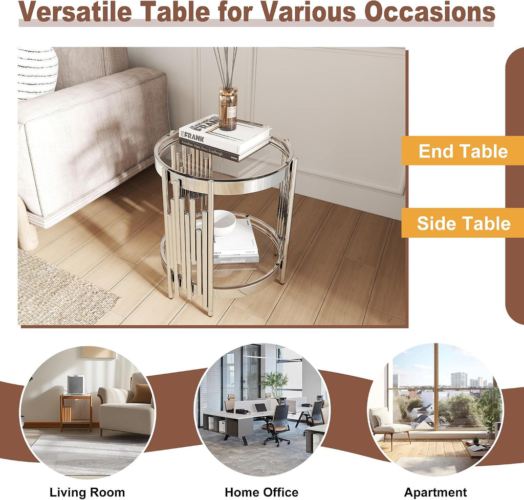 2 Tier Glass End Table with Storage, Round-Shaped Stainless Steel Side Table with Tempered Glass Top, Modern Accent Table for Living Room, Bedroom, Easy Assembly, Silver/Clear