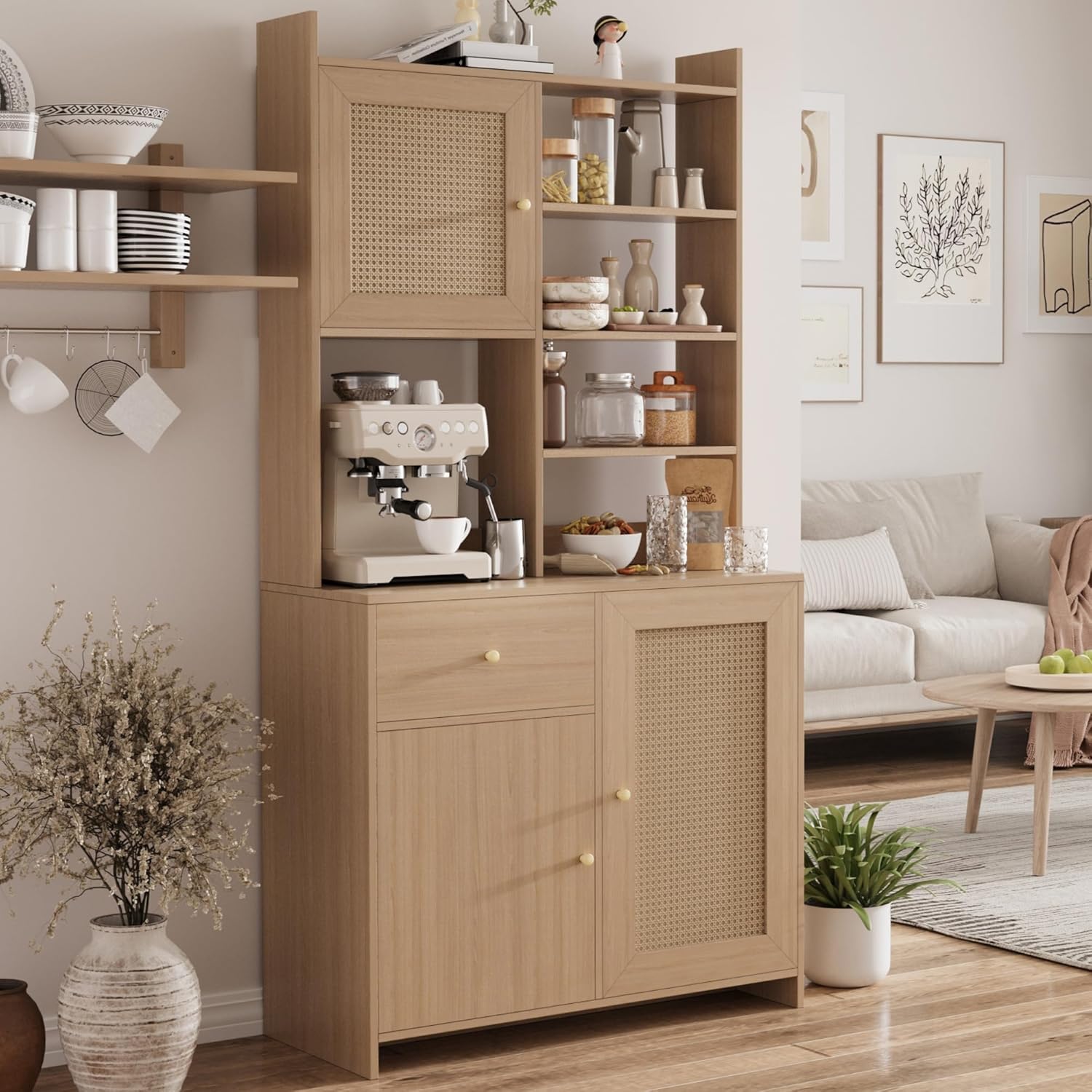 IDEALHOUSE Kitchen Pantry Cabinet with Adjustable Shelf, 71" Tall Storage Cabinet with Microwave Stand, Food Pantry Cabinets for Kitchen, Dining Room, Living Room, Natural