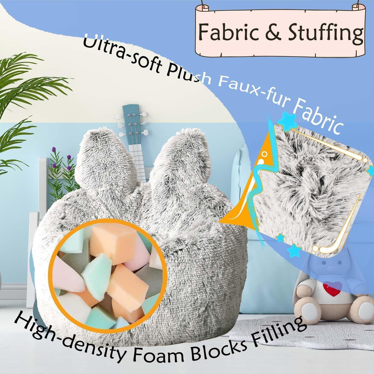 Fluffy Bean Bag Chair for Kids, with Plush Faux Fur Cover, 2.5FT Memory Foam Bean Bag Chairs for Teens & Kids, Ultra Soft Sofa for Living Room/Bedroom/Dorm,Grey