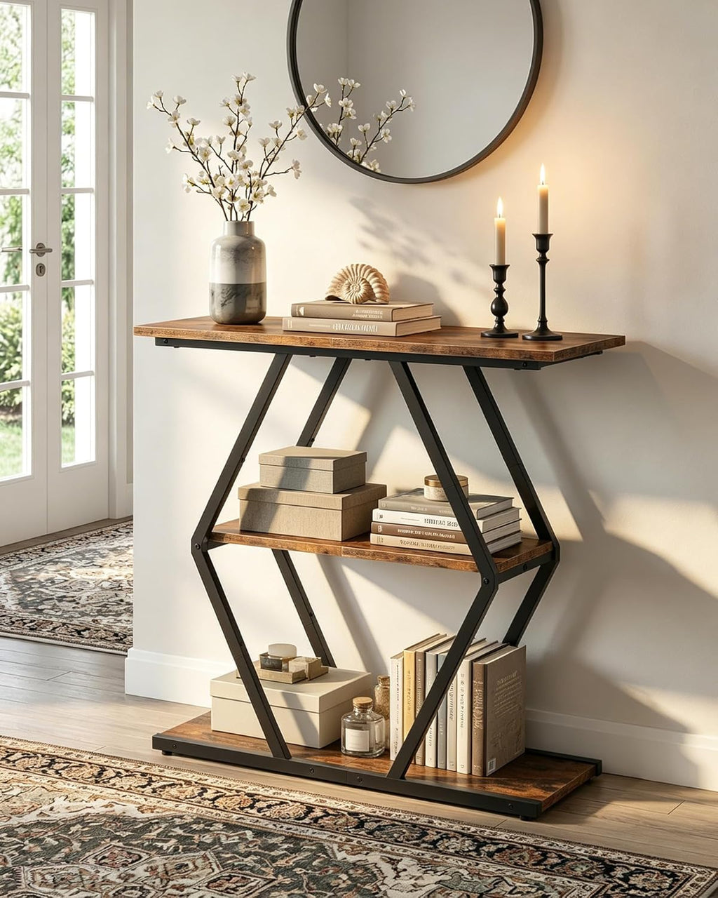 CHOEZON 3-Tier Console Table, Entryway Table, Sofa Table with Open Shelves, Diamond-Shaped Behind Coach Table, Industrial, for Hallway, Entryway, Living Room, Stairwell, Rustic Brown and Black TXG08BF