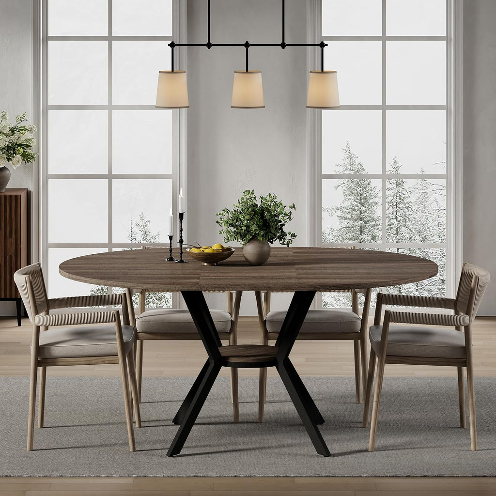 MECHYIN 42"-58" Extendable Round Dining Table for 4-6,with Storage Shelf | Space‑Saving Modern Oval Dining Table, Built‑in Flip Leaf, Sturdy Metal Legs, for Kitchen & Dining Room,Small Apartments