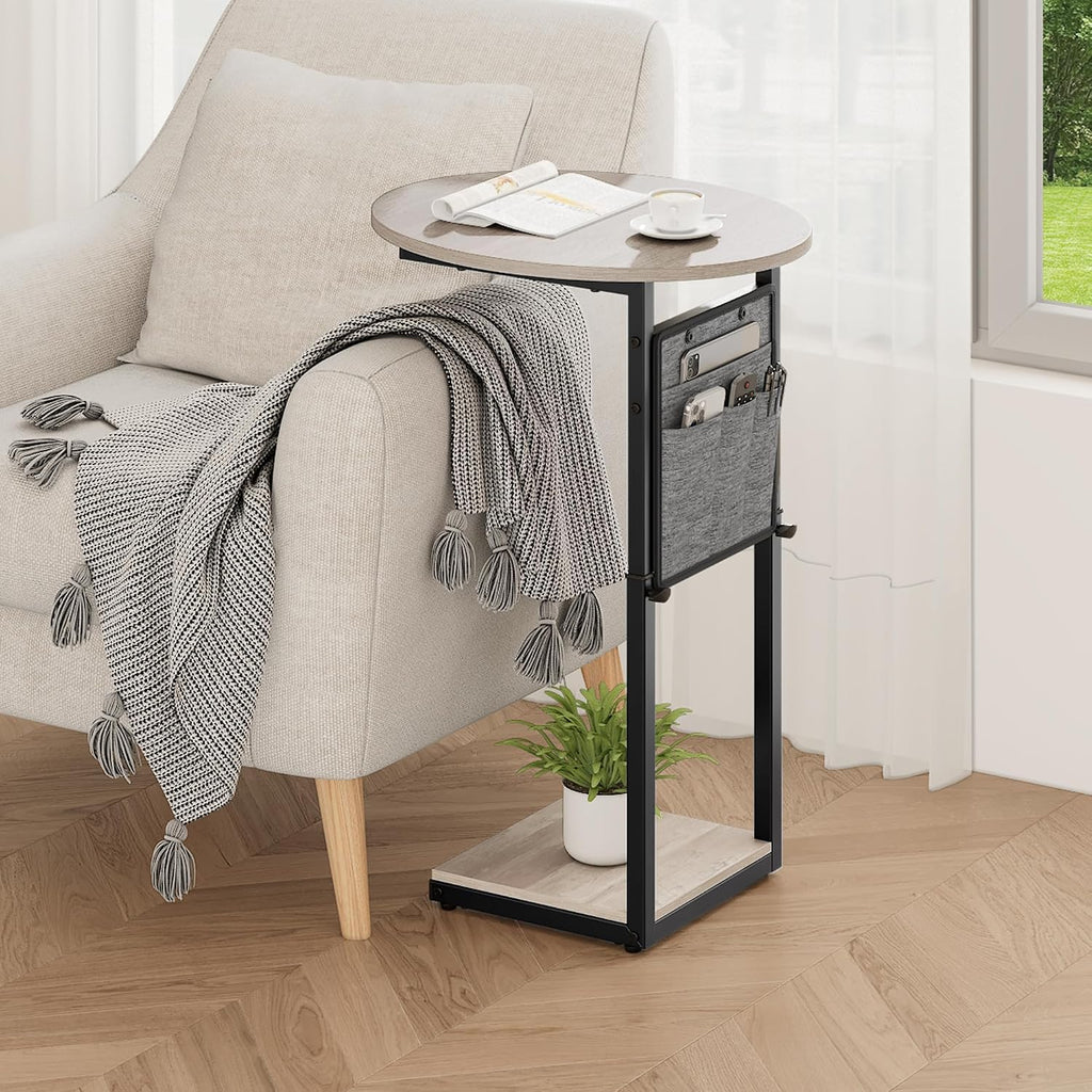 Vagusicc C Shaped End Table, Adjustable Height Small Side Table for Couch and Recliner, 32" Tall Couch Side Table Slide Under Sofa Tray Desk with Storage Bag for Living Room and Bedroom, Greige