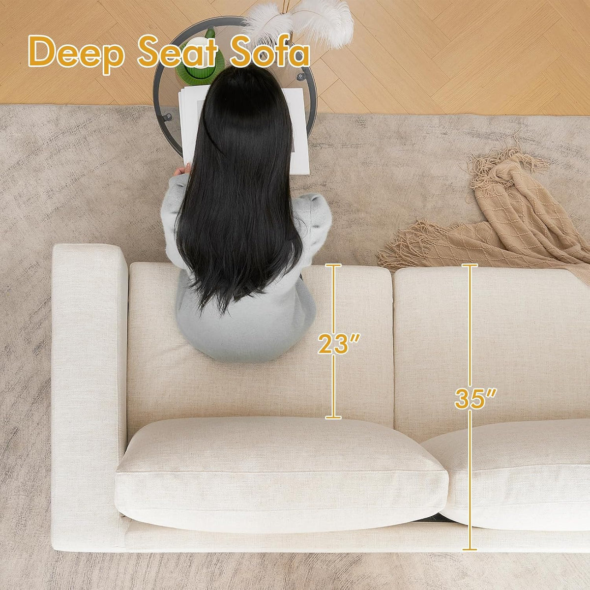 ELUCHANG Oversized 85'' Couches for Living Room, Modern 3-Seater Cloud Couch with Removable Cover, Wide Armrest, Thick Spring Cushions, Comfy Deep Sofa for Apartment, Office, Small Space, Linen Beige