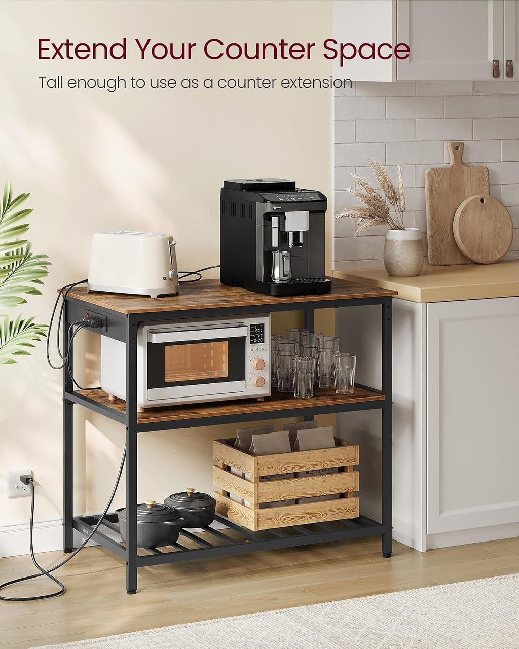 VASAGLE Kitchen Island with 3 Shelves, Storage Cabinet, Steel Structure | Kitchen Shelf with Large Wooden Worktop, 39.4 Inches Width, Rustic Brown and Matte Black, BARNET Collection UKKI105K01