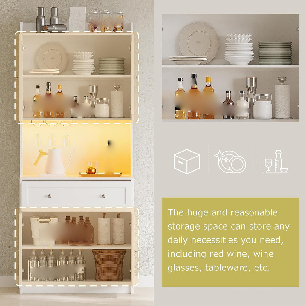 Kitchen Pantry Storage Cabinet 75.2” Tall, Modern Microwave Stand with Charging Station and LED Lights, Wood Buffet Sideboard with 1 Drawer Glass Doors Adjustable Shelves for Dining Room