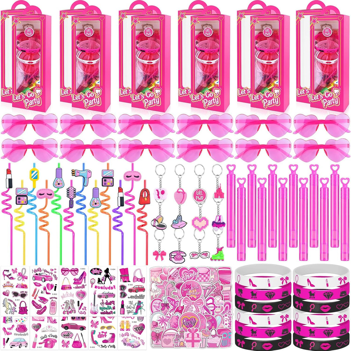 184Pcs Pink Girls Party Favors Pack - For 12Guests, Includ Goodie Box Heart Glasses Straws Bubble Wands Tattoo Sticker Bracelet Keychain, for Kids Girls Birthday Party Decoration Supplies