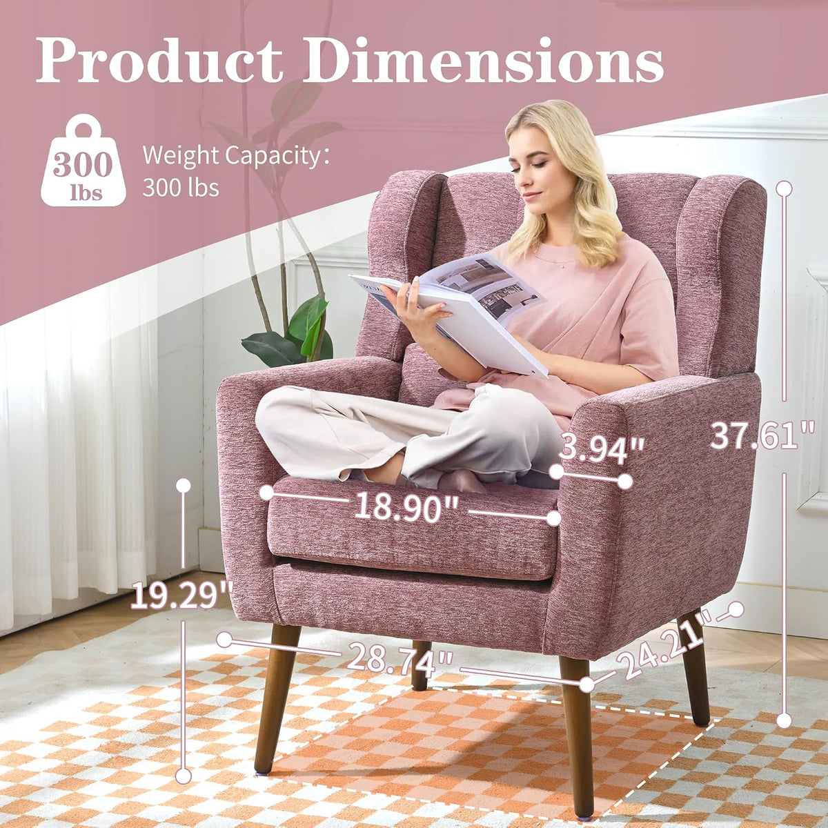 Modern Accent Chair, Upholstered Armchair with Pillow, Fabric Single Sofa Chair with Lounge Seat Solid Wood Legs Accent Chair for Living Room Bedroom Small Spaces (Purple)