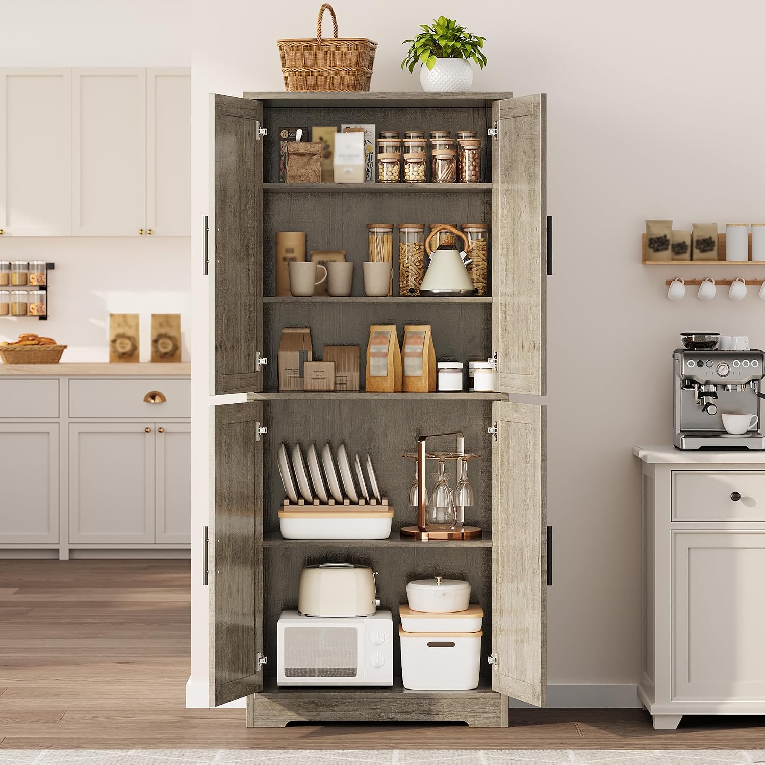 70" Tall Pantry Cabinet, Kitchen Pantry Cabinet with Doors and Adjustable Shelves, Freestanding Cupboard, Tall Storage Cabinet for Bathroom, Dining Room, Living Room, Gray