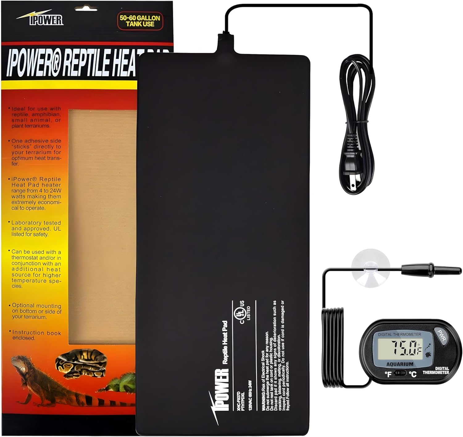 iPower 8 by 18-Inch 24W Reptile Heat Mat, LCD Digital Aquarium Thermometer, Under Tank Warmer Terrarium Heat Pad for Turtles Lizards Frogs and Other Small Animals, Multi Sizes