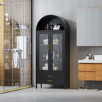 73" Tall Display Cabinet with Glass Doors and 2 Drawers, Metal Arched Cabinet with 2 Adjustable Shelves & Lock, Freestanding Curio Storage Cabinet for Home, Assembly Required, Black