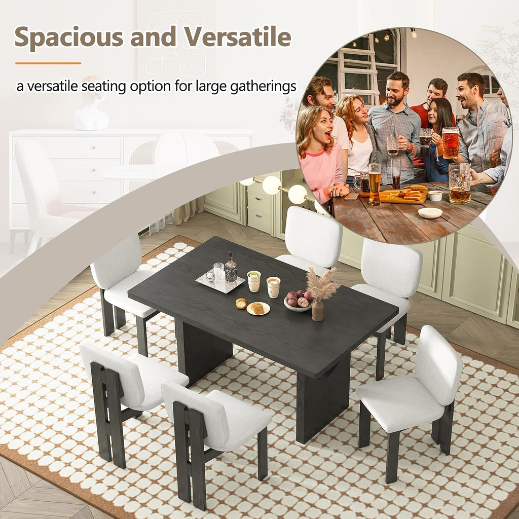 Merax Wood Dining Table Set for 6, Rectangular Tabletop/Upholstered Chairs/Retro Geometric Design, Ideal for Dining-Room and Kitchen, Grey